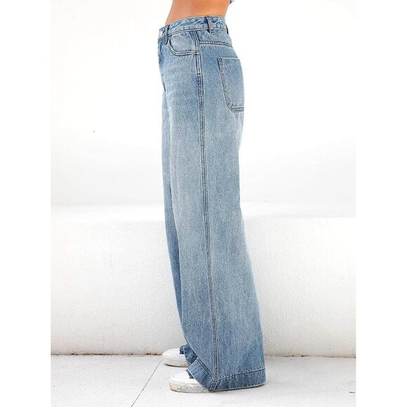 Women Wide Leg Baggy Jeans Y2K Vintage Denim Mid Waist Distressed Casual - Picture 4 of 7